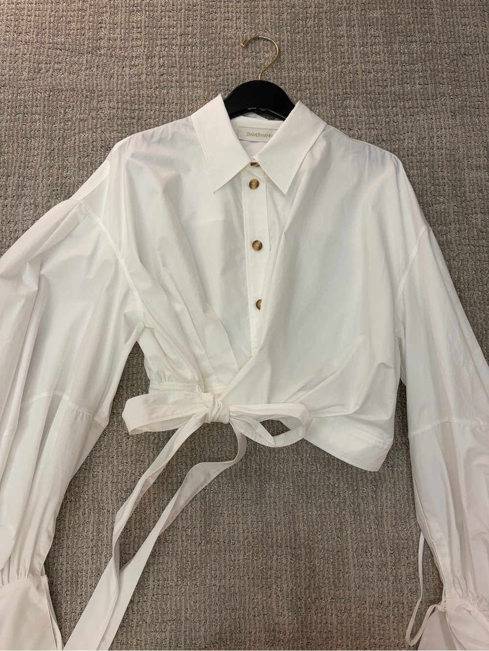 Zimmermann White Wrap Tie Crop Blouse with Gold Buttons
